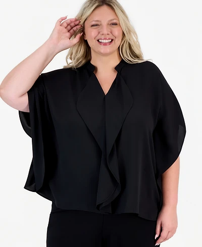 Anne Klein Plus Split-Neck Ruffle-Front Dolman-Sleeve Blouse