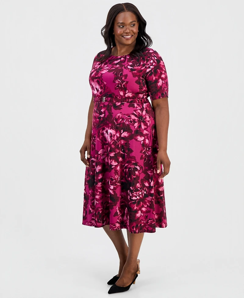 Kasper Plus Pleated Belted Fit & Flare Dress