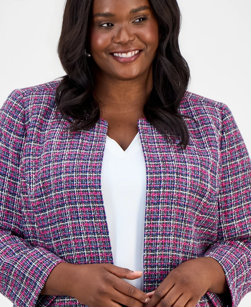 Kasper Plus Size Collarless Open-Front Tweed Jacket