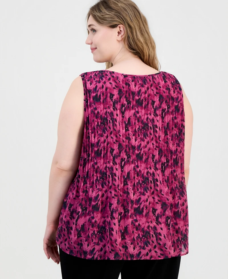 Kasper Plus Crewneck Sleeveless Pleated Blouse
