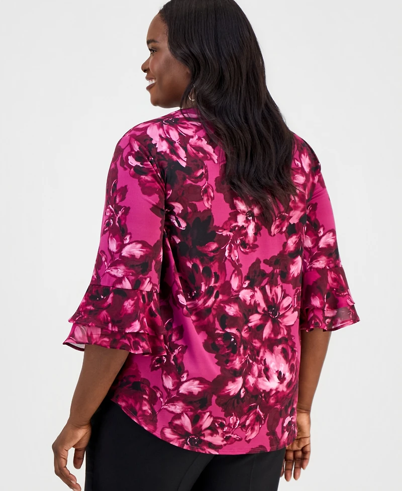 Kasper Plus Split-Neck Printed Flutter-Sleeve Top