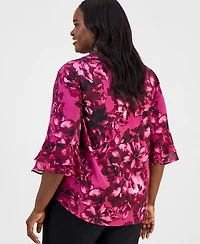 Kasper Plus Split-Neck Printed Flutter-Sleeve Top