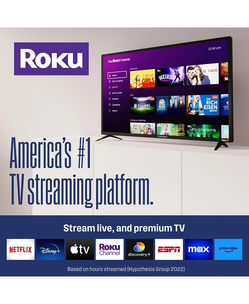 Westinghouse 43" Smart Edgeless Roku Tv, 1080p Fhd Flat Screen with Wi-Fi, Bluetooth, Mobile App, AirPlay, Alexa and Google