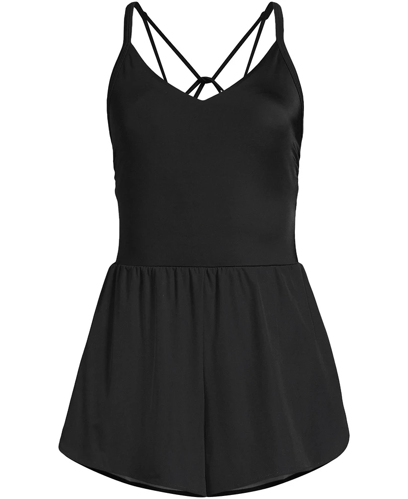 Lands' End Women's Tugless V-Neck Strappy X-Back Swim Romper