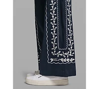 Karl Lagerfeld Paris Petite Embroidered Mid-Rise Floral Pants