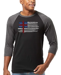 La Pop Art Men's One Nation Under God American Flag Cross Raglan Baseball Word T-Shirt
