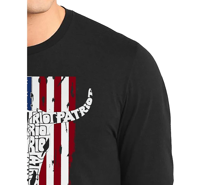 La Pop Art Men's Patriot Cow Skull American Flag Word Long-Sleeve T-Shirt