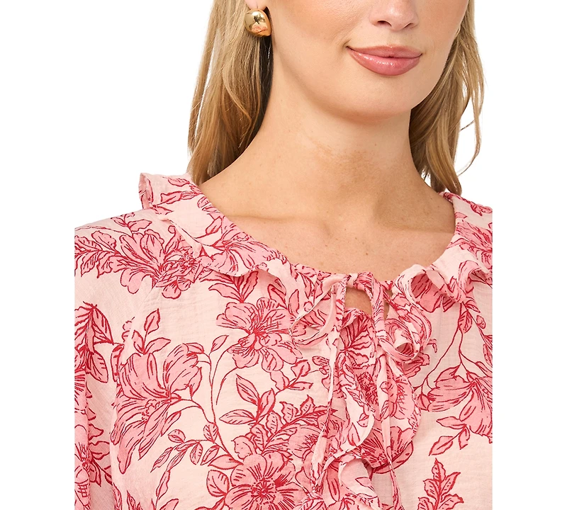 Vince Camuto Women's Printed Crewneck Ruffle Front Top