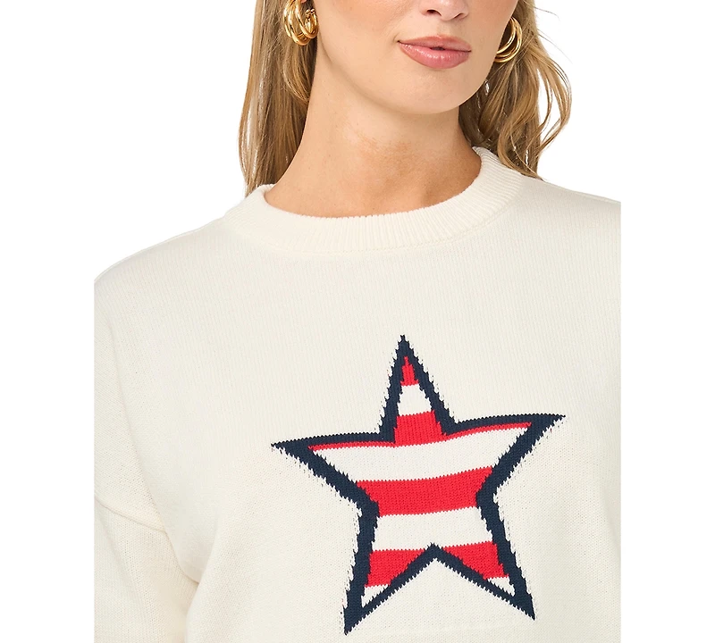 Vince Camuto Women's Star Stripes Motif Crewneck Sweater
