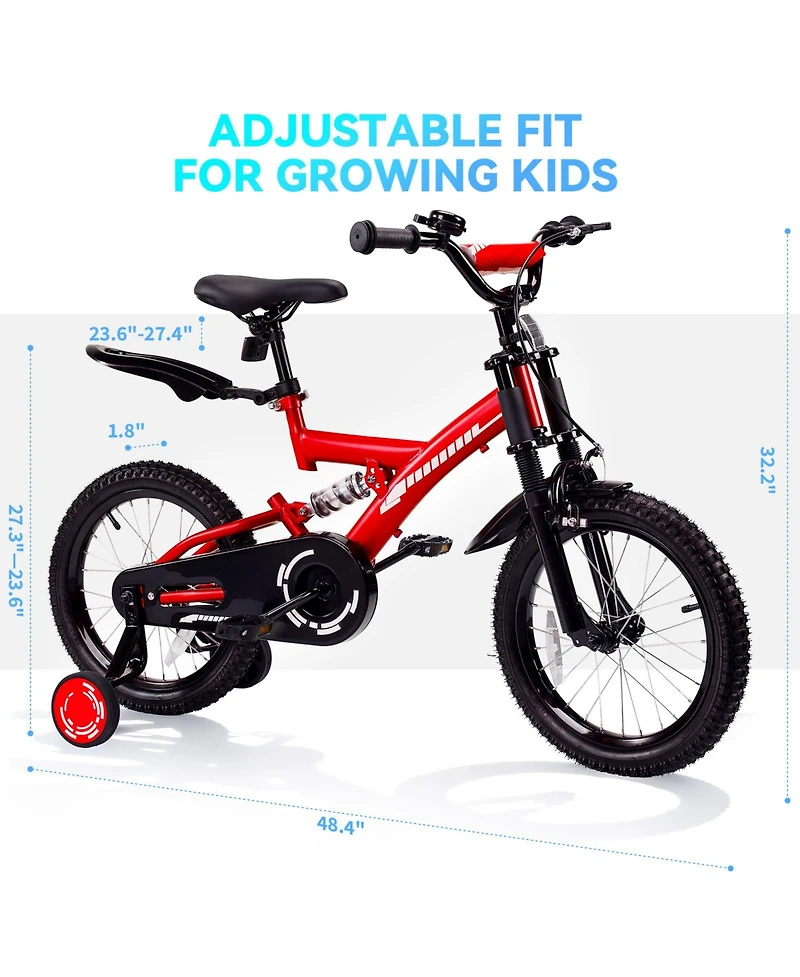18" Kids Bike with Adjustable Seat, Dual Brakes, Suspension and Training Wheels for Ages 6–9