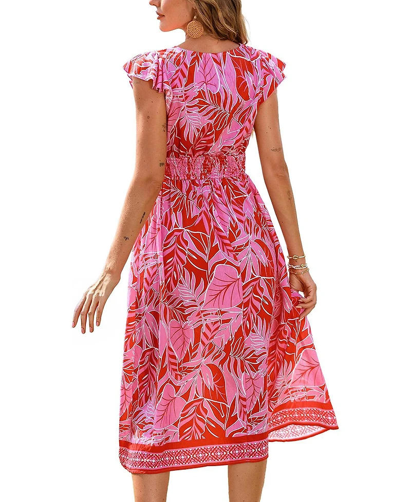 Cupshe Women's Printed V-Neck Flutter Sleeve Beach Dress
