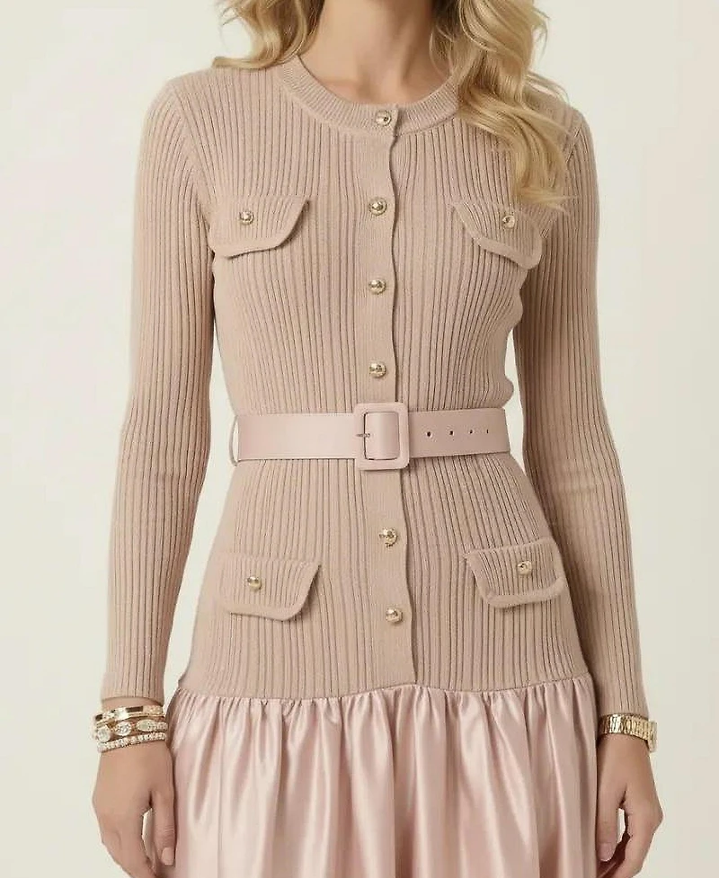 Modenaire Women's Ribbed Knit Satin Belted Midi Dress
