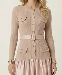 Modenaire Women's Ribbed Knit Satin Belted Midi Dress