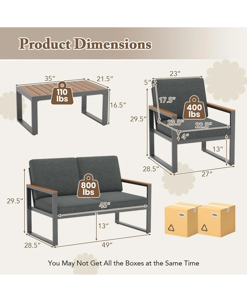 Gouun 4-Piece Outdoor Aluminum Patio Conversation Set with Loveseat, 2 Armchairs and Wood-Plastic Coffee Table