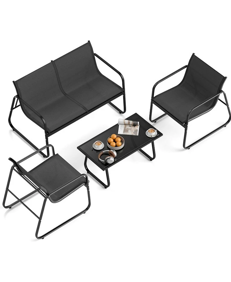 Gouun 4 Piece Patio Furniture Set, Fabric Outdoor Chairs and Loveseat with Tempered Glass Coffee Table