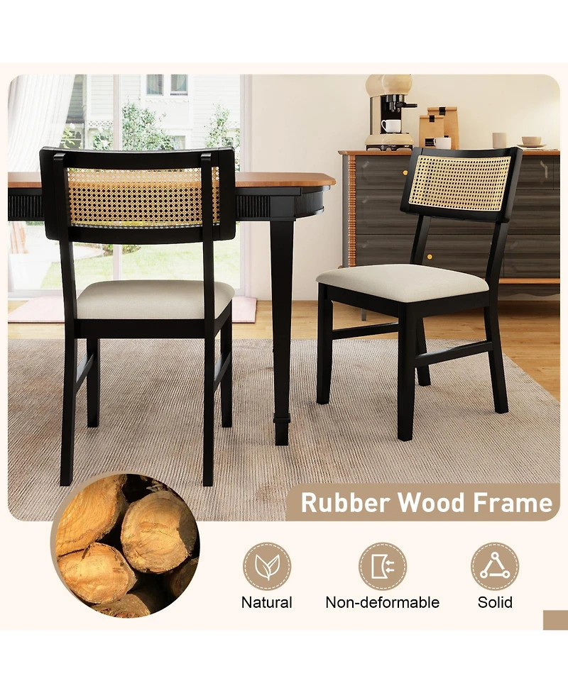 Sugift Rattan Dining Chairs Set of 2 Fabric Upholstered Kitchen Chairs with Padded Seat and Rubber Wood Legs