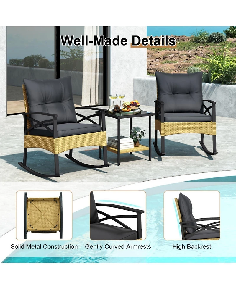 Gouun 3-Piece Outdoor Rattan Rocking Chair Set with 2-Tier Side Table for Backyard