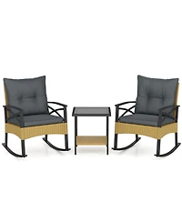 Gouun 3-Piece Outdoor Rattan Rocking Chair Set with 2-Tier Side Table for Backyard