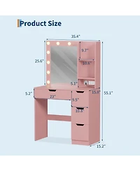 gaomon Modern Makeup Vanity Desk with Lighted Mirror, 4 Drawers, 3 Lighting Modes, Open Shelves, Built-in Power Outlets, Small Bedroom Dressing Table