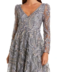 Mac Duggal Women's Floral Embroidered Long Sleeve V Neck Midi Dress