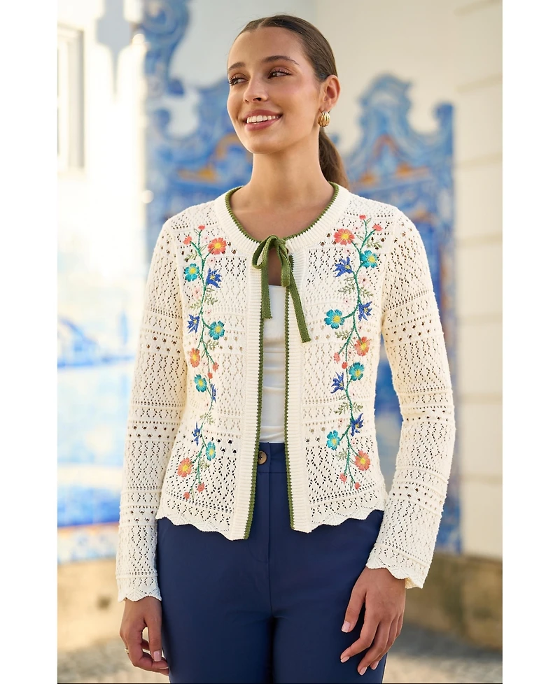 Yumi Women's Crochet Knitted Tie Front Cardigan