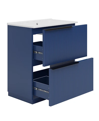 Busdays Bathroom Vanity with Ceramic Sink Full Extension Drawers Soft Close Slides Fluted Design Blue Freestanding Storage Cabinet