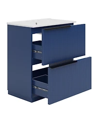 Busdays Bathroom Vanity with Ceramic Sink Full Extension Drawers Soft Close Slides Fluted Design Blue Freestanding Storage Cabinet