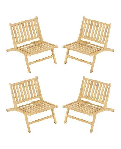Gymax 4PCS Teak Wood Outdoor Reclining Chair Natural Mid Century Accent Chair w/ Backrest