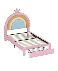 Rainsken Upholstered Kids Bed Frame with Drawer, Rainbow Design Platform Bed, Velvet Princess Bed, No Box-Spring Needed