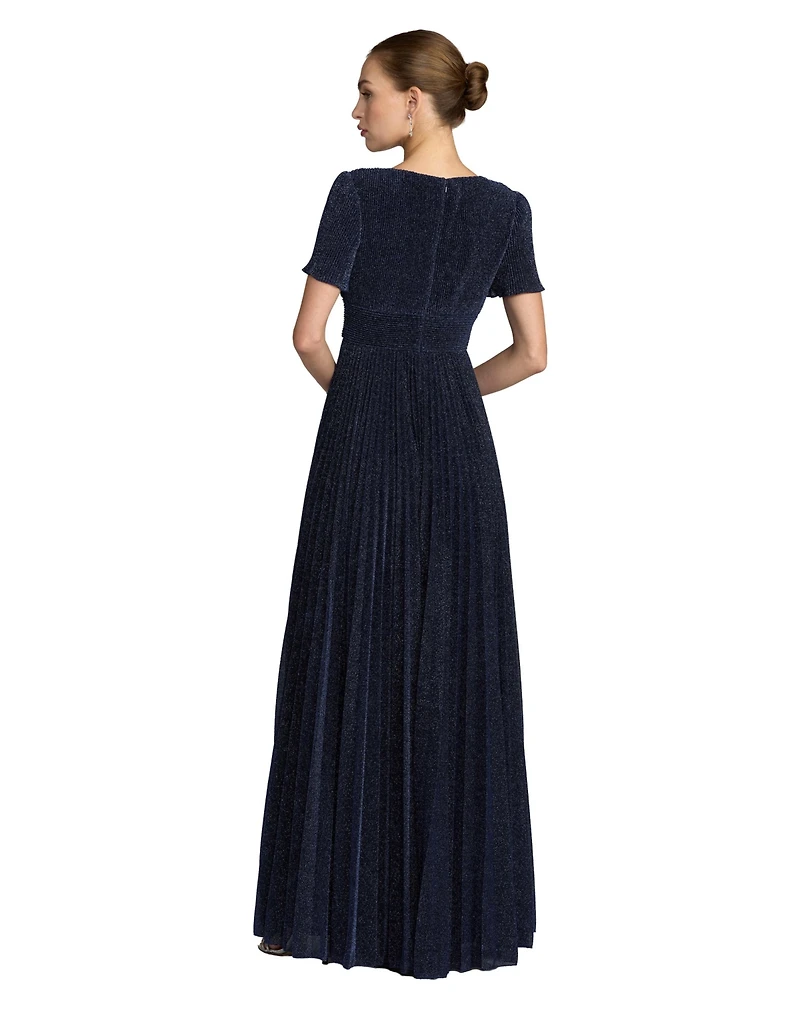 Mac Duggal Petite Women.s Pleated Metallic Flutter Sleeve A Line Gown