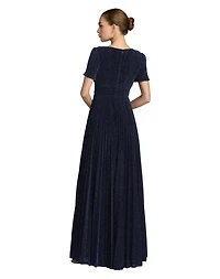 Mac Duggal Petite Women.s Pleated Metallic Flutter Sleeve A Line Gown