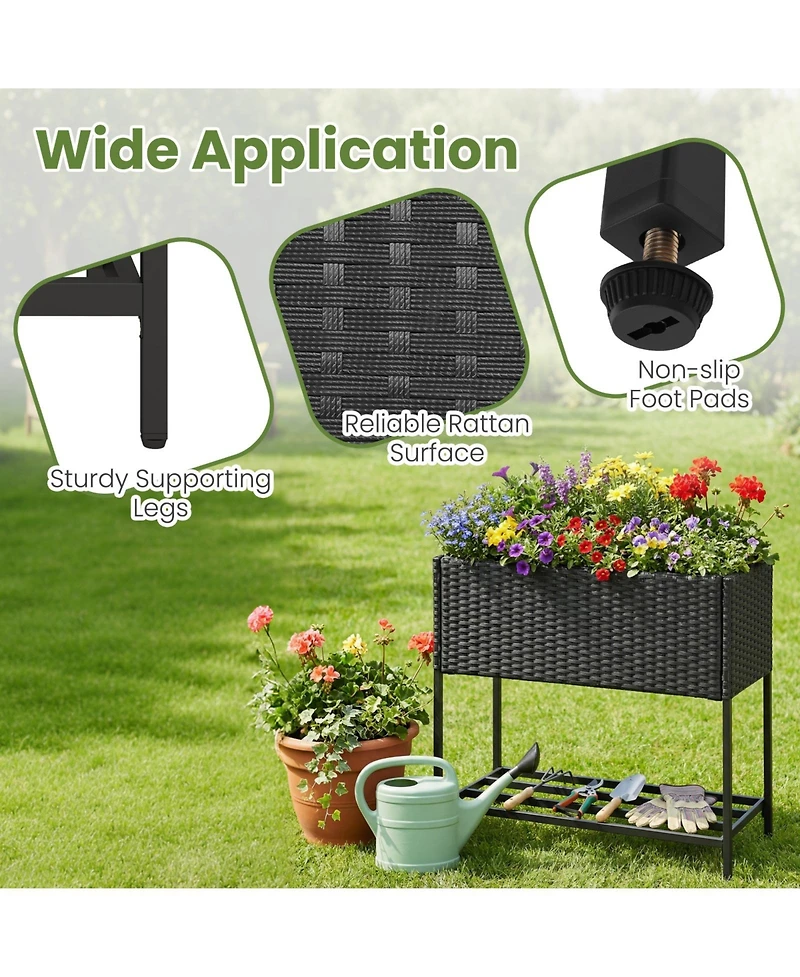 Gymax Elevated Planter Box Raised Garden Bed With Rattan Surface Bottom Storage Shelf