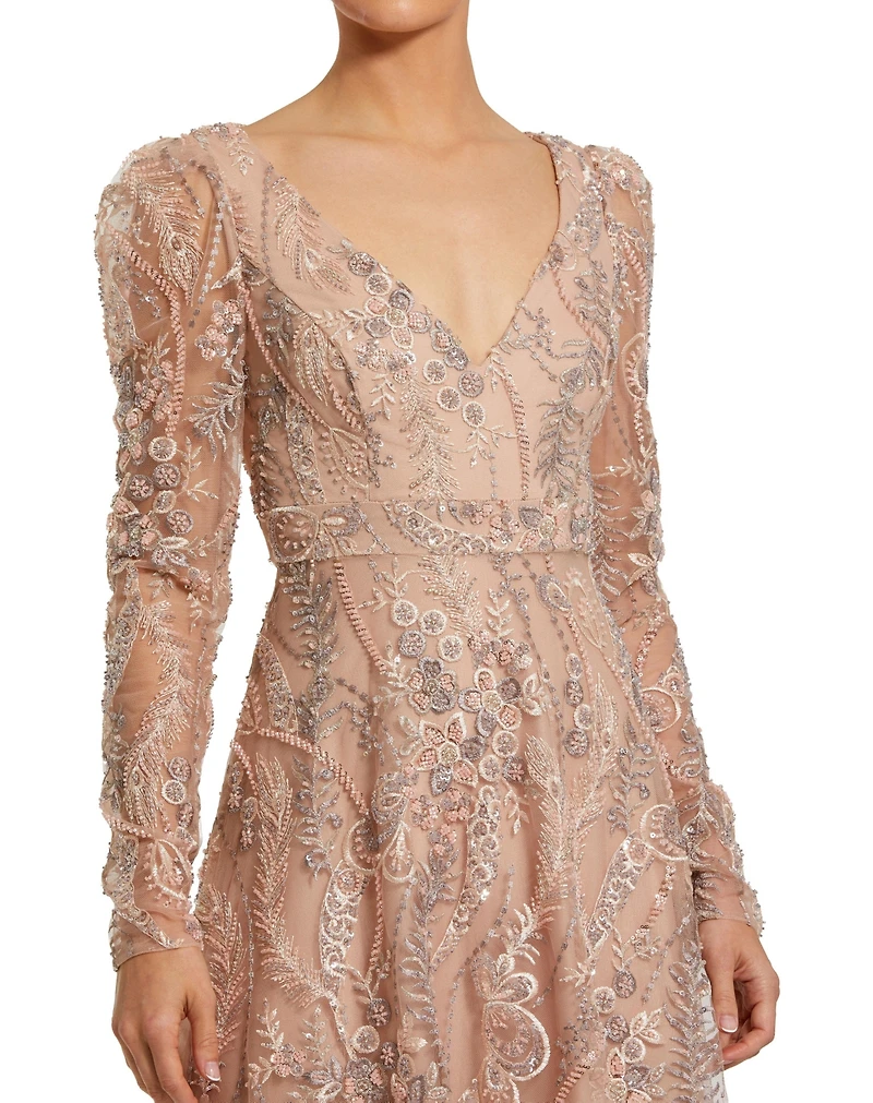 Mac Duggal Women's Floral Embroidered V Neck Long Sleeve Gown