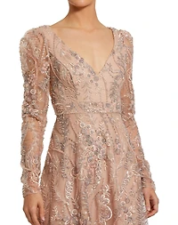 Mac Duggal Women's Floral Embroidered V Neck Long Sleeve Gown