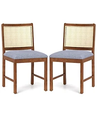 Slickblue Set of 2 Rattan Dining Chairs with Wooden Frame and Linen Fabric Cushioned Seat