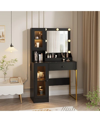 gaomon Makeup Vanity Desk with Mirror and Rgb Led Lights, Charging Station, 2 Acrylic-Door Cabinets, Open Compartments, Wooden Dressing Table