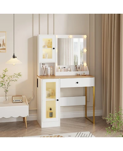 gaomon Makeup Vanity Desk with Mirror and Rgb Led Lights, Charging Station, 2 Acrylic-Door Cabinets, Open Compartments, Wooden Dressing Table