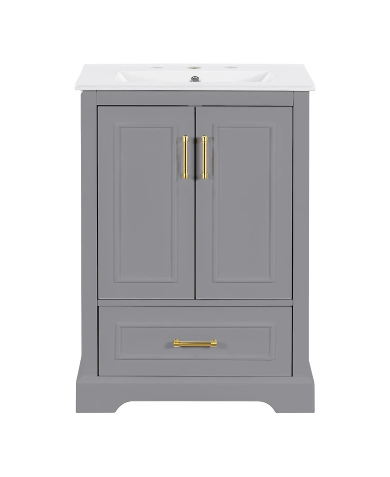 Sillysis 24 Inch Bathroom Vanity with Ceramic Sink, Solid Wood Cabinet, Soft Close Doors and Divided Drawer for Small Bathrooms