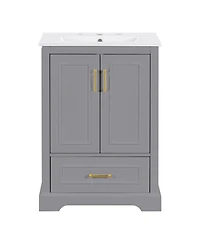 Sillysis 24 Inch Bathroom Vanity with Ceramic Sink, Solid Wood Cabinet, Soft Close Doors and Divided Drawer for Small Bathrooms
