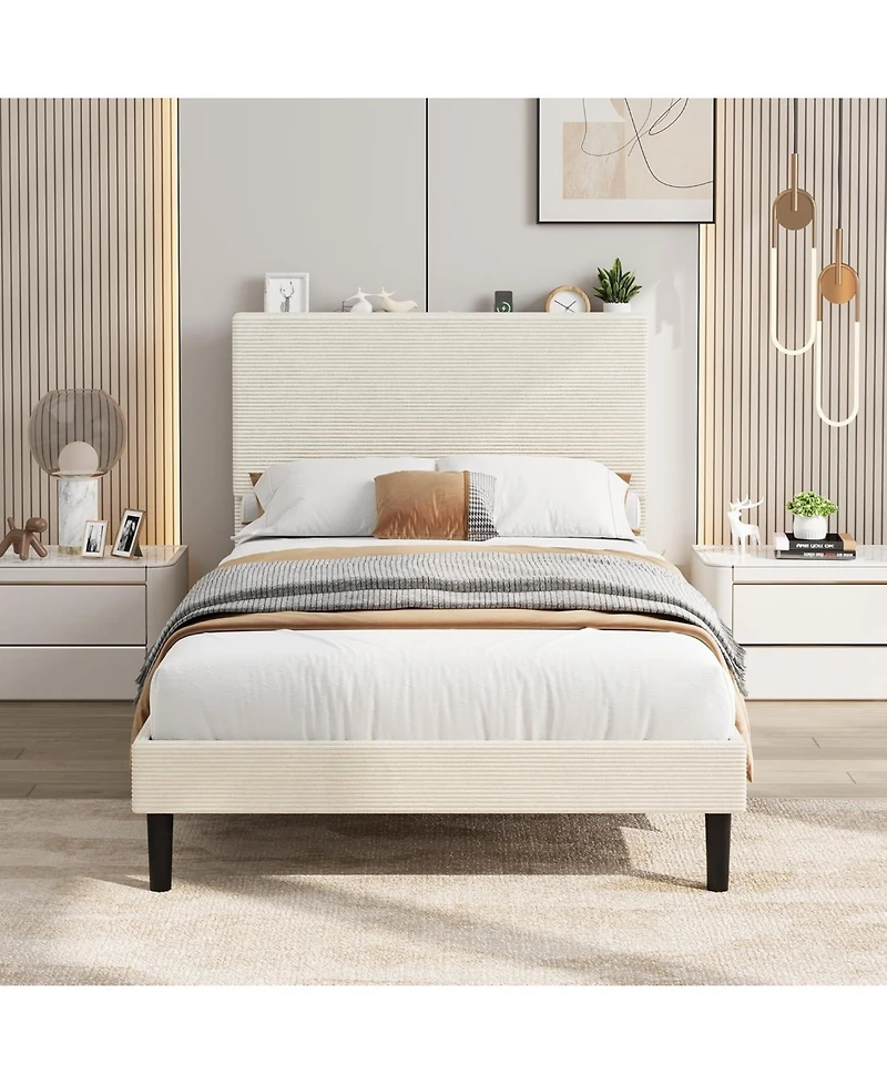 gaomon Bed Frame with Usb Charging Station, Corduroy Upholstered Platform Adjustable Storage Headboard
