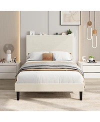 gaomon Bed Frame with Usb Charging Station, Corduroy Upholstered Platform Adjustable Storage Headboard