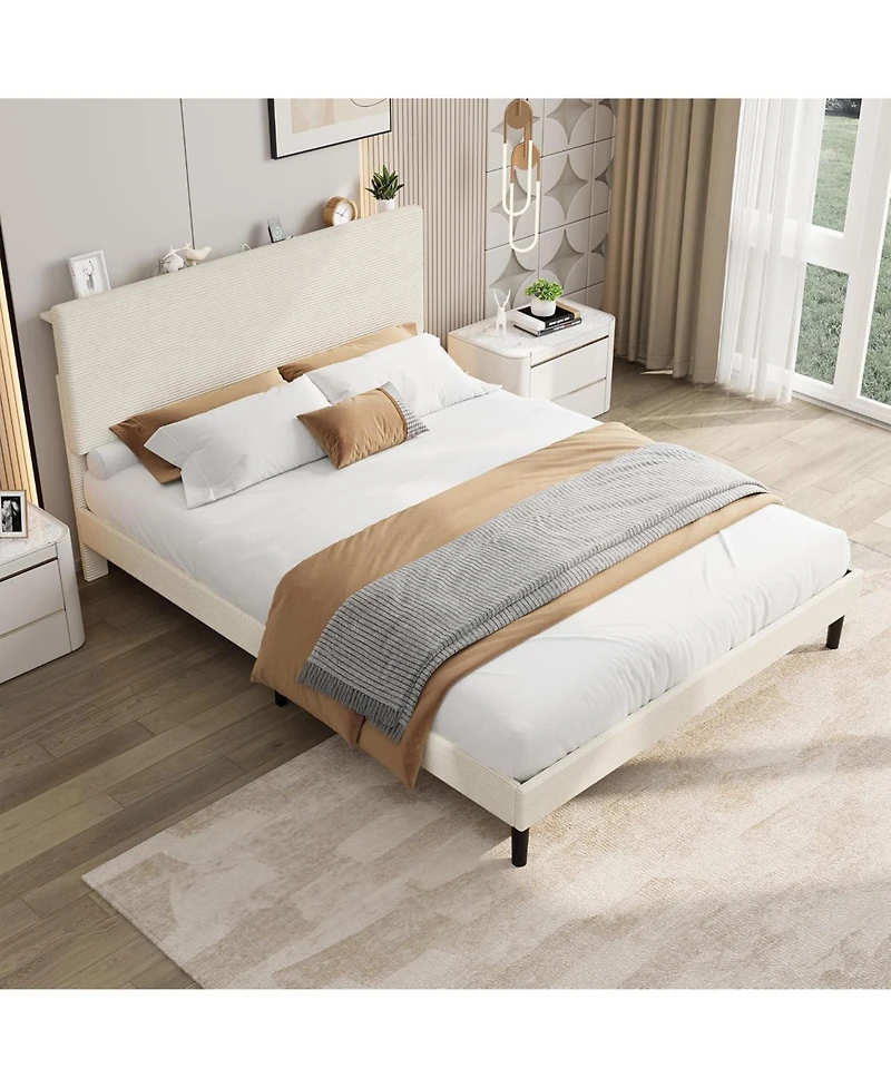 gaomon Bed Frame with Usb Charging Station, Corduroy Upholstered Platform Adjustable Storage Headboard