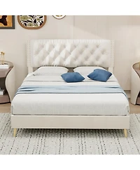 Rainsken Bed Frame, with Suede Upholstered Headboard, Under Storage, Wood Slats Support, No Box Spring Needed