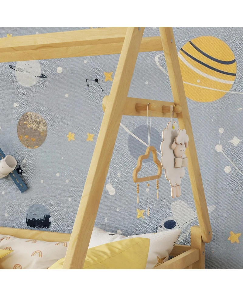 Rainsken Montesori Floor Bed for Kids, with Light and Slats, Wood Teepee Bed, Low House No Box Spring Needed
