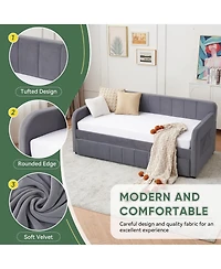 Rainsken Twin Daybed with Trundle, Velvet Upholstered Sofa Bed Frame with Usb Port, Side Pockets and Wood Slat Support for Living Room