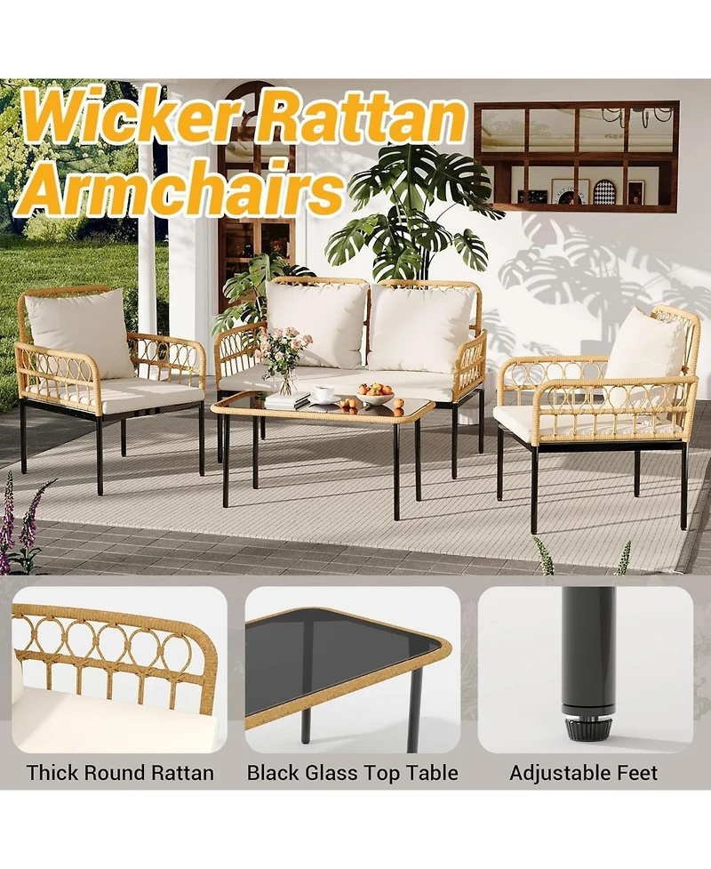 gaomon 4-Piece Patio Seating Set with Glass Coffee Table, Wicker and Cushions