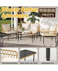 gaomon 4-Piece Patio Seating Set with Glass Coffee Table, Wicker and Cushions