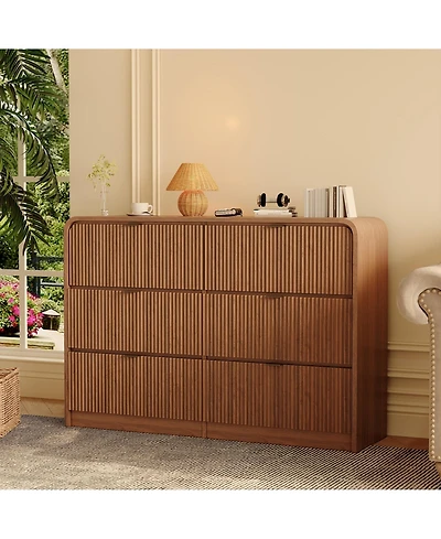 gaomon Fluted 6 Drawer Dresser, Modern Bedroom Dresser with Rounded Edge, Walnut Wood Color Wide Chest of Drawers, for Living Room, Hallway