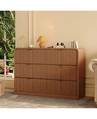 gaomon Fluted 6 Drawer Dresser, Modern Bedroom Dresser with Rounded Edge, Walnut Wood Color Wide Chest of Drawers, for Living Room, Hallway