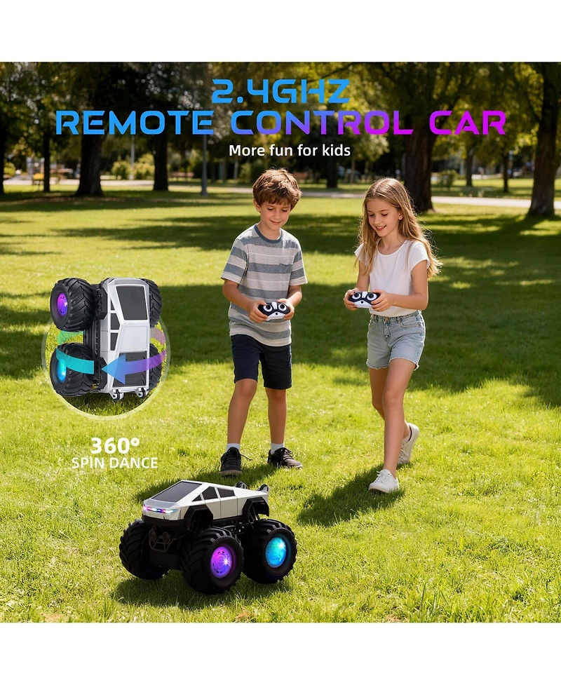 Hongge Remote Control Monster Truck for Kids, 2.4GHz Rc Stunt Car with Led Lights and Music, 4WD Amphibious All Terrain